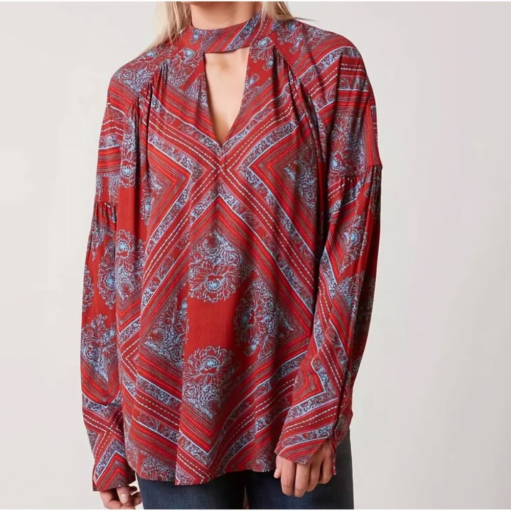 Free People Walking On A Dream Tunic in a red and blue tribal pattern